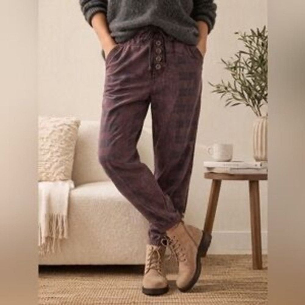 Anthropologie Jacquie Button Fly Jogger Pants Plum Black Plaid XS Lyocell